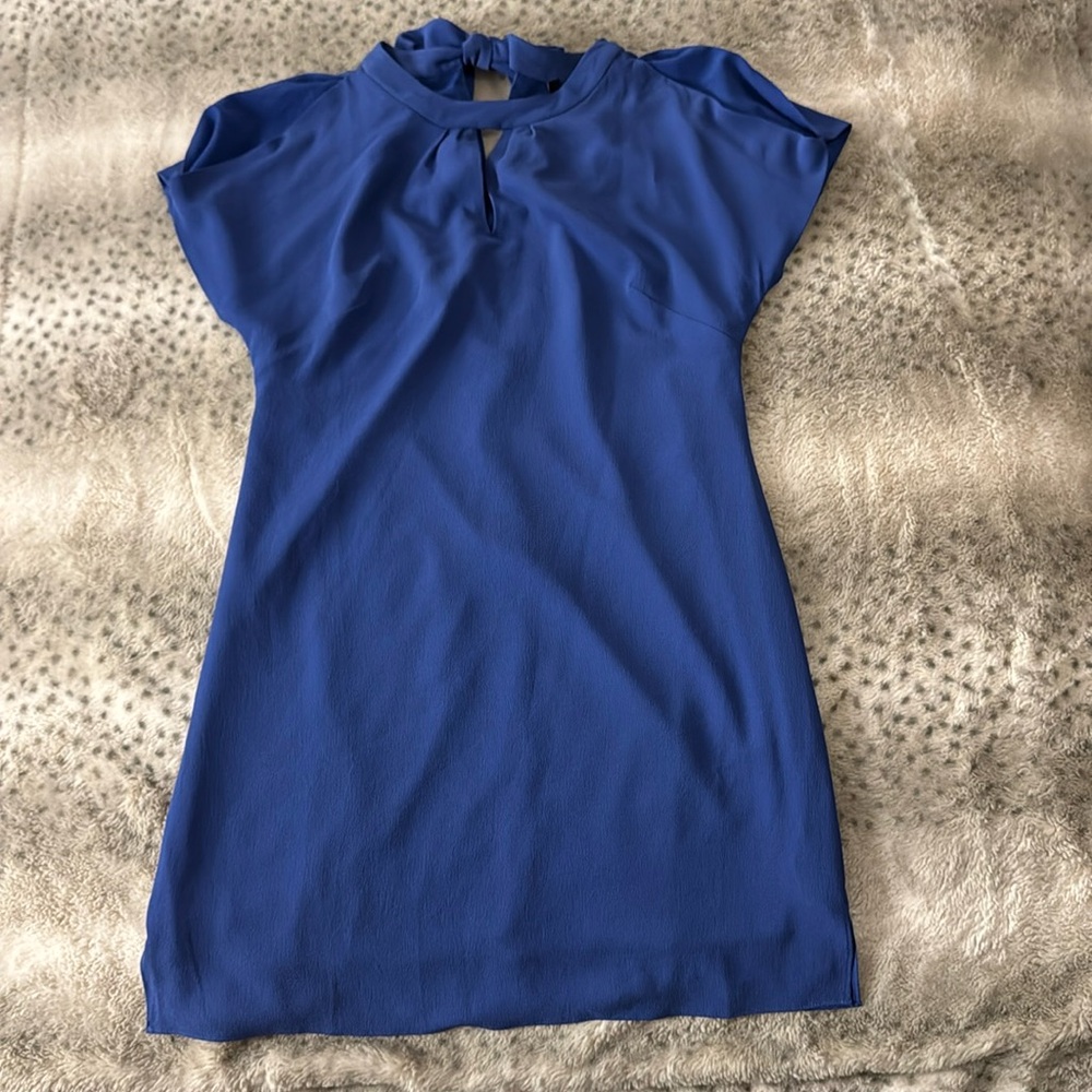 WHBM blue high neck dress 2, ties in back